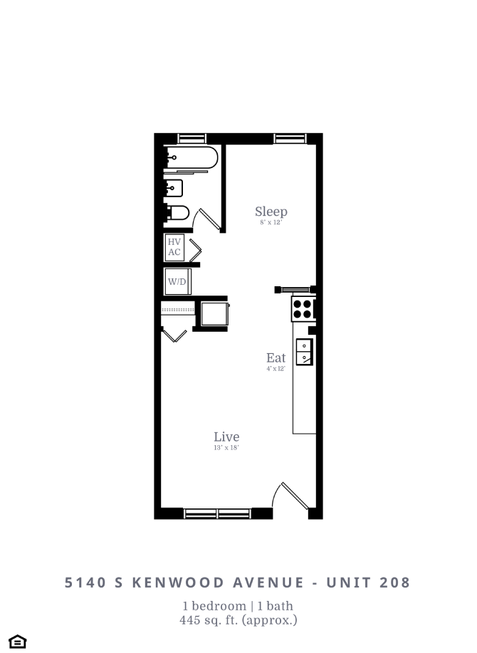 Floor plan for studio, 1 bath, 405 sqft